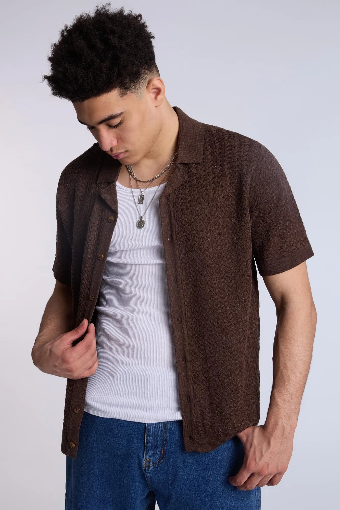 Textured Sweater Knit Short Sleeve Shirt