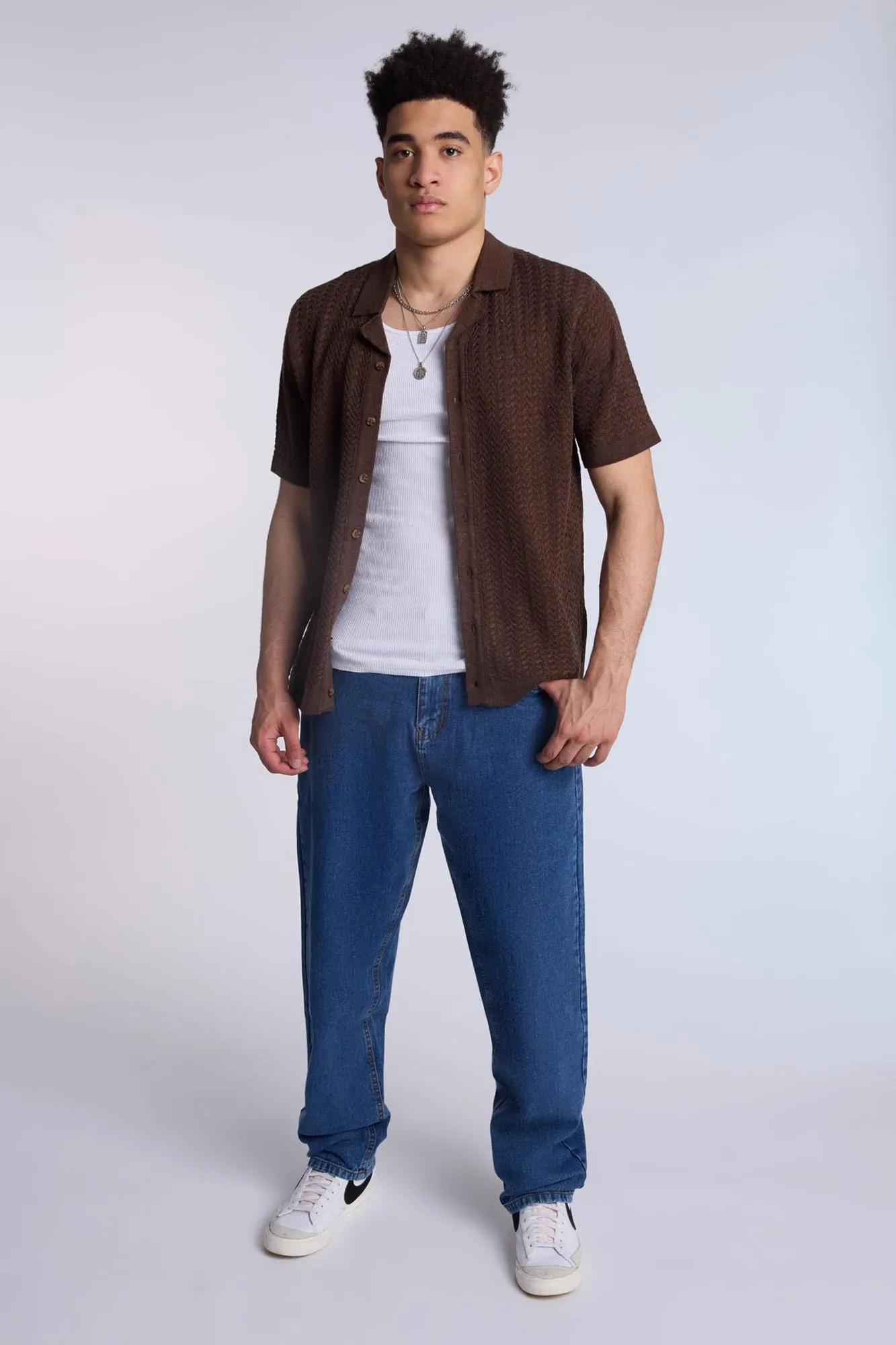 Textured Sweater Knit Short Sleeve Shirt