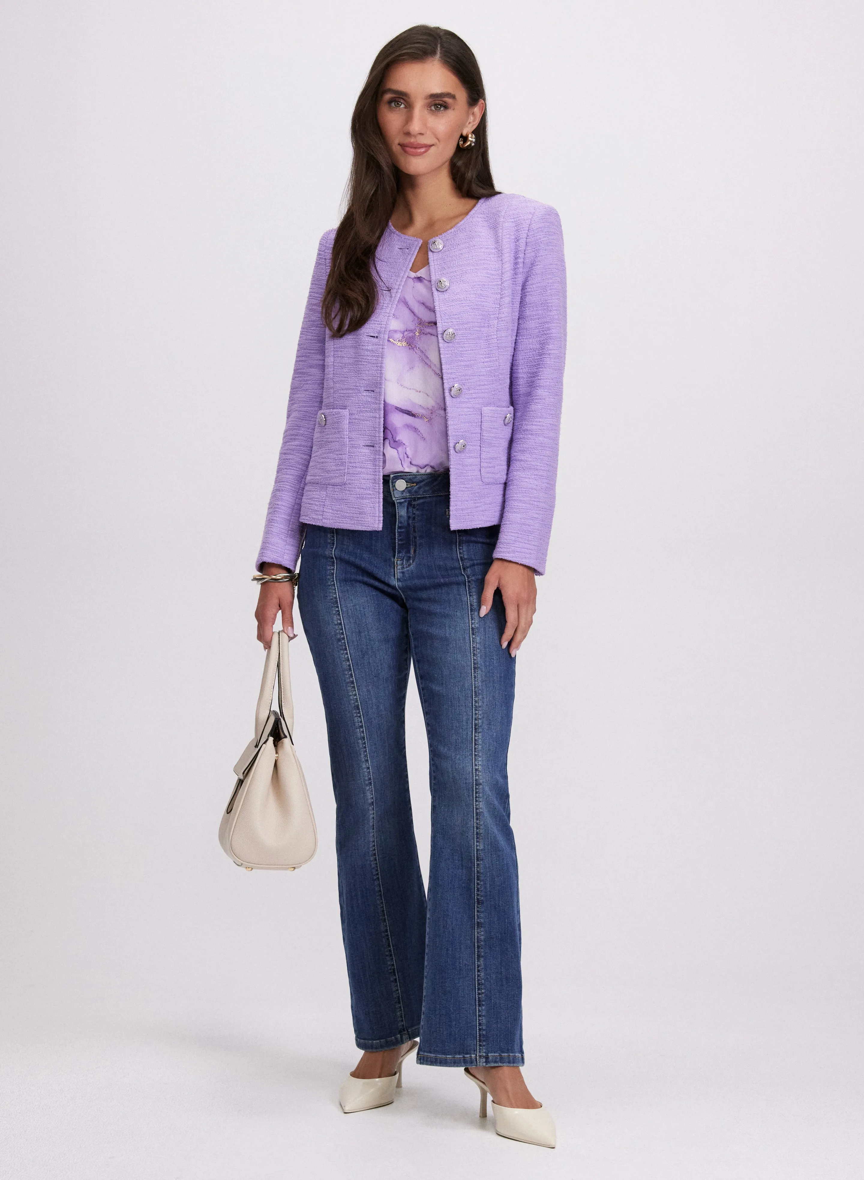 Tweed Button-Down Jacket & Flare Leg Jeans