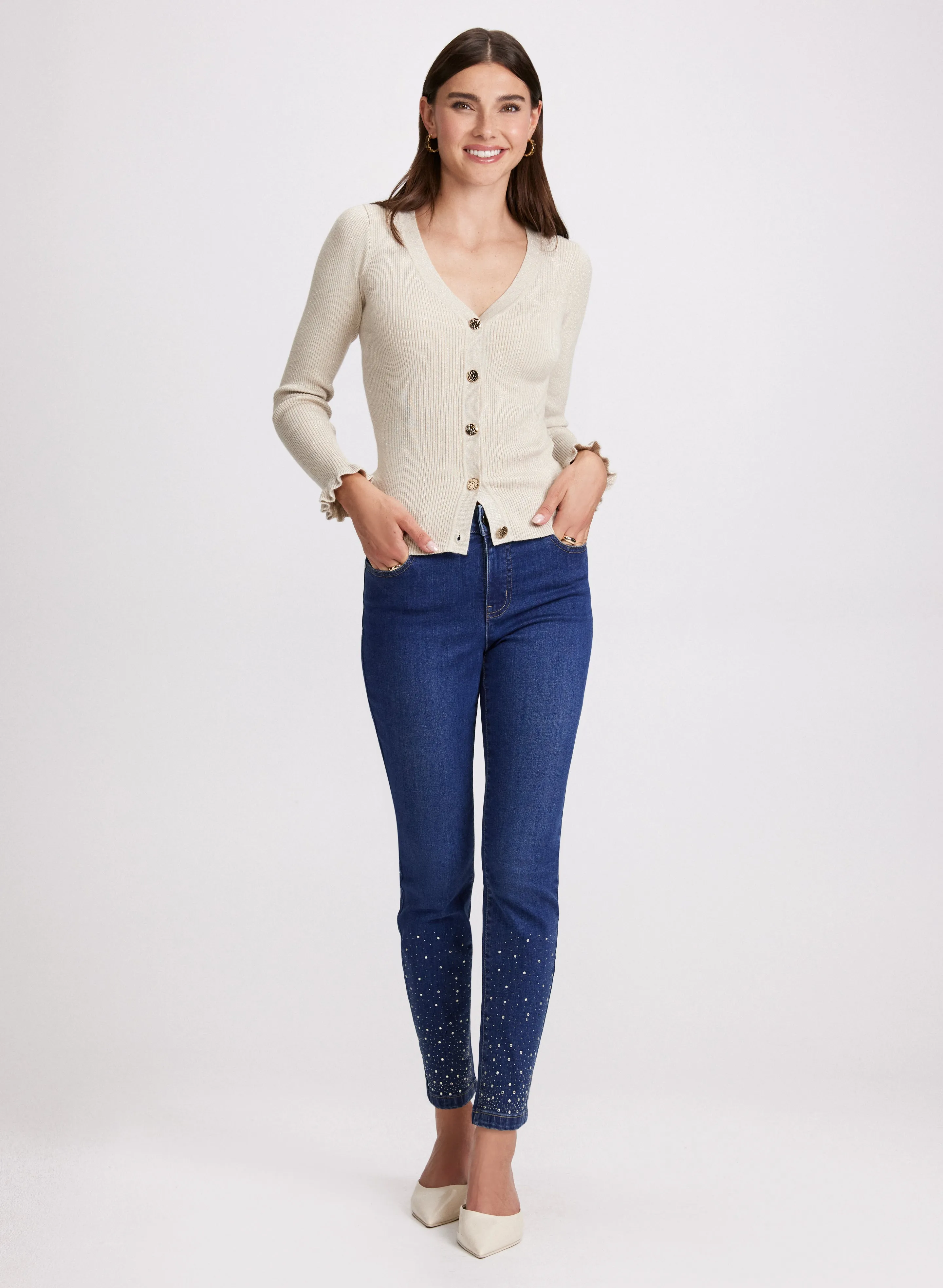 V-Neck Cardigan & Embellished Slim Leg Jeans