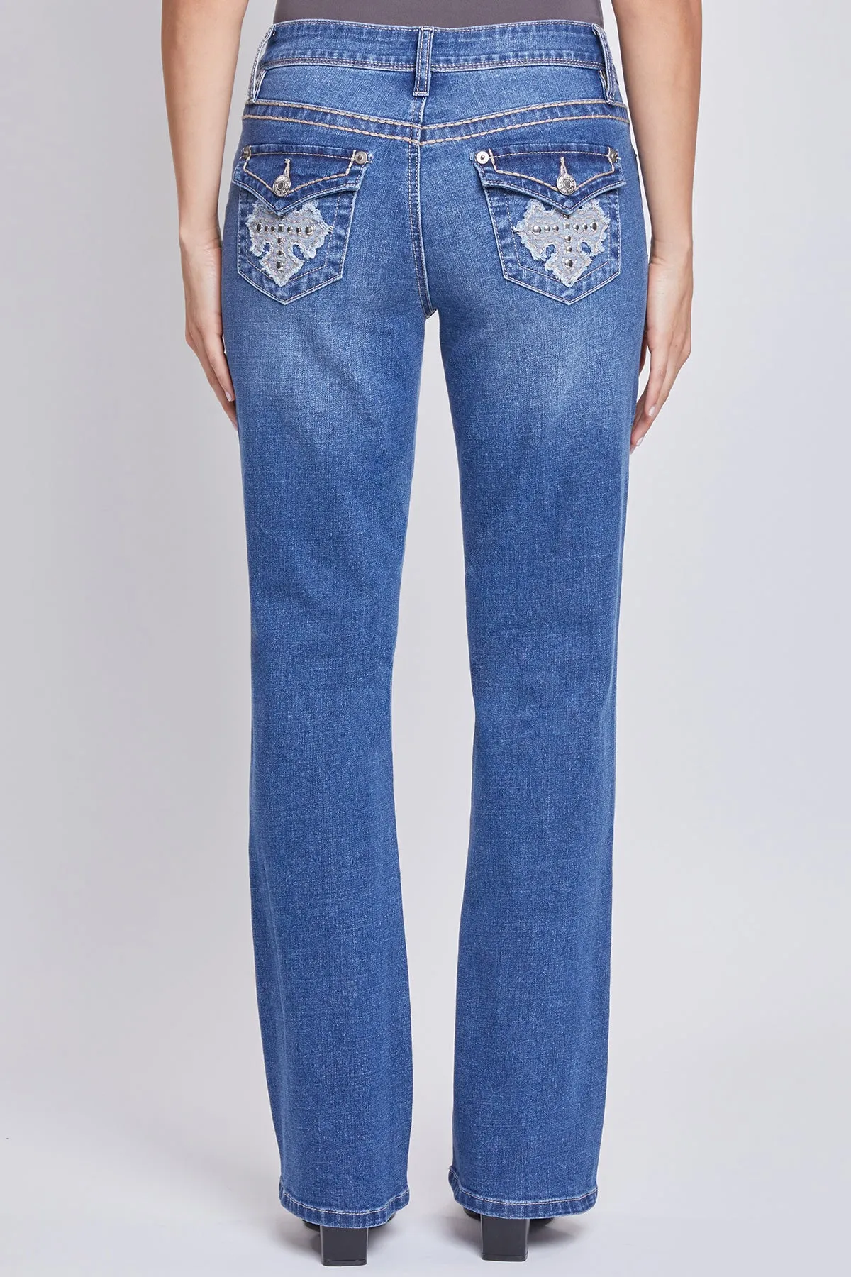 Women’s Mid-Rise Studded Cross Flap Pocket Bootcut Jean