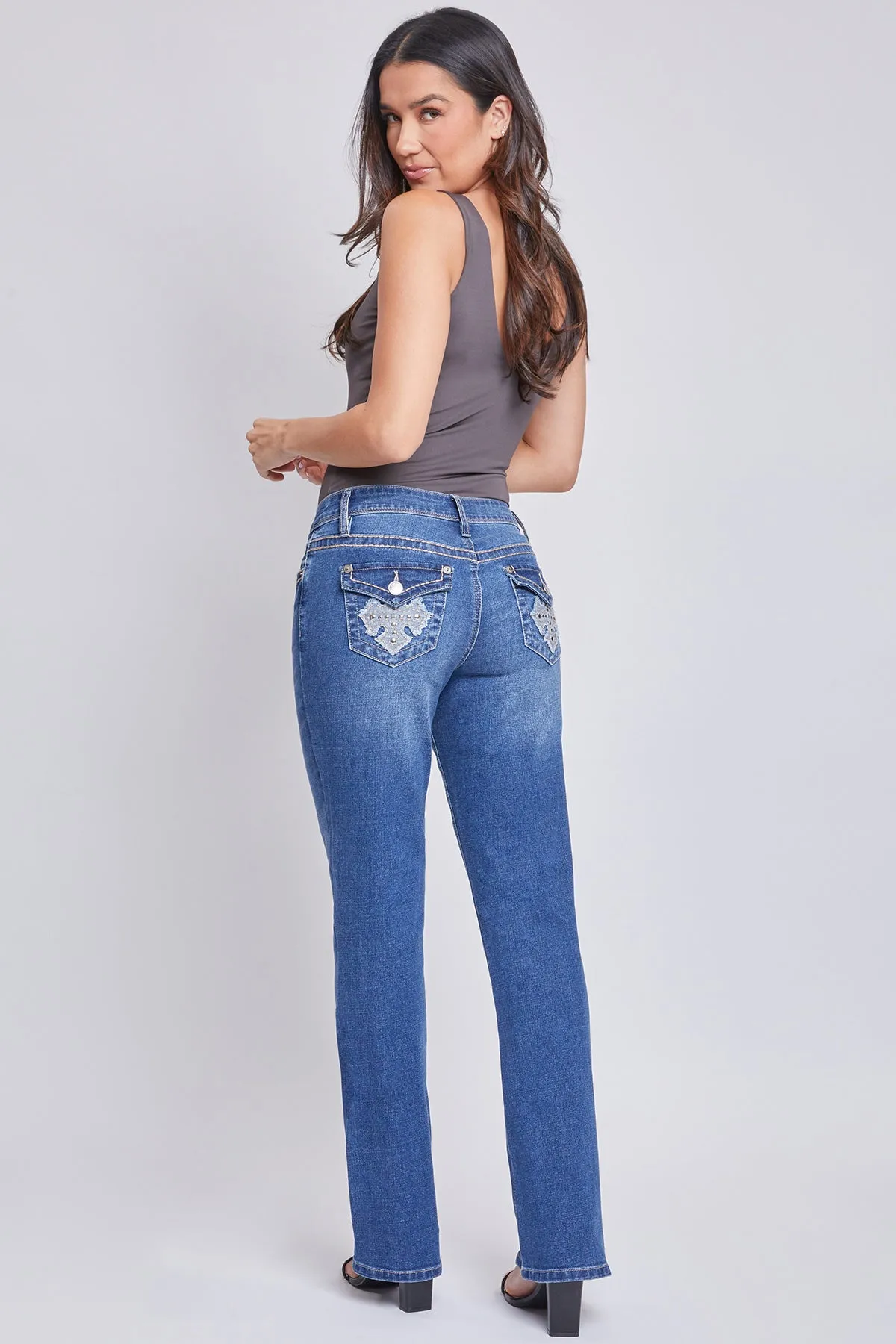Women’s Mid-Rise Studded Cross Flap Pocket Bootcut Jean